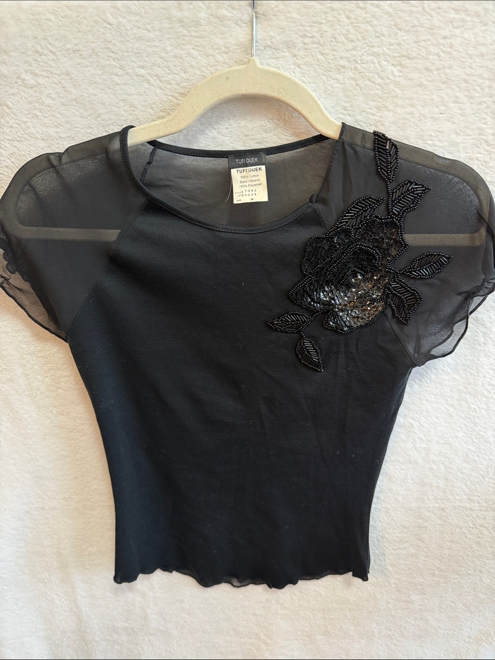 Tufi Duek Black Short-Sleeve Tee with Beaded Floral Appliqué
